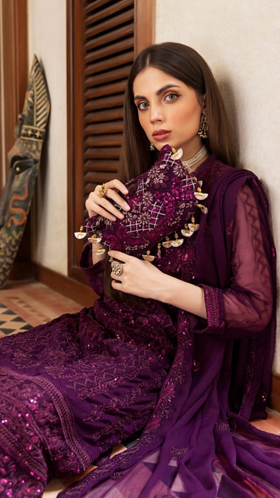 Purple color stitched chiffon pakistani salwar kameez