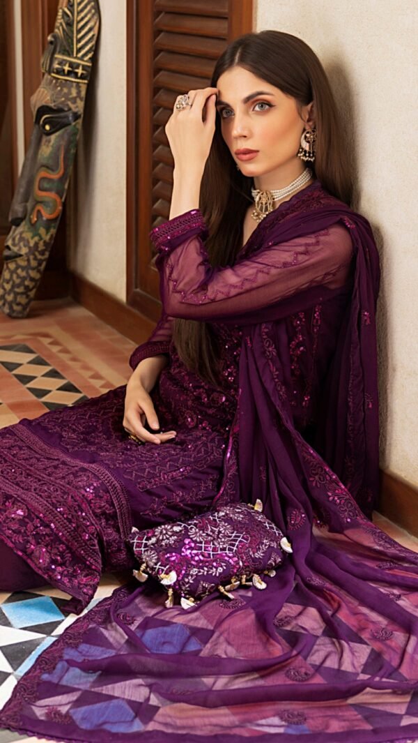 Purple color stitched chiffon pakistani suits