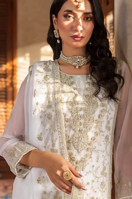 White Color Stitched Chiffon Pakistani Dress