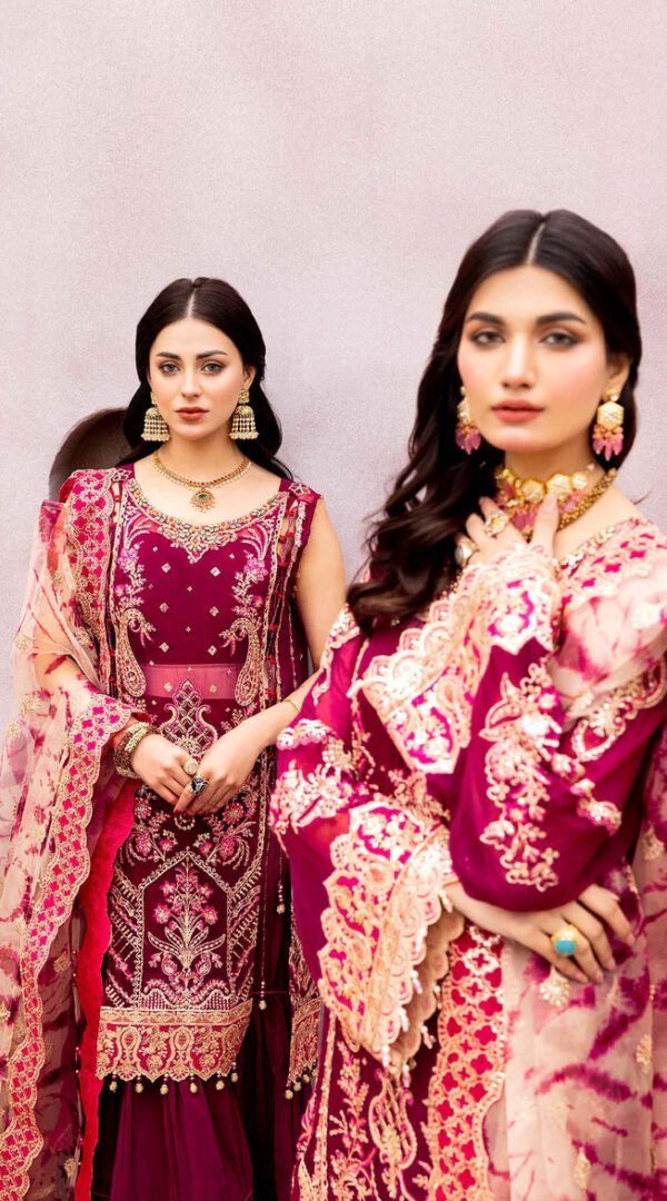 Wine Red Color Chiffon Embroidered Pakistani Wedding Dresses