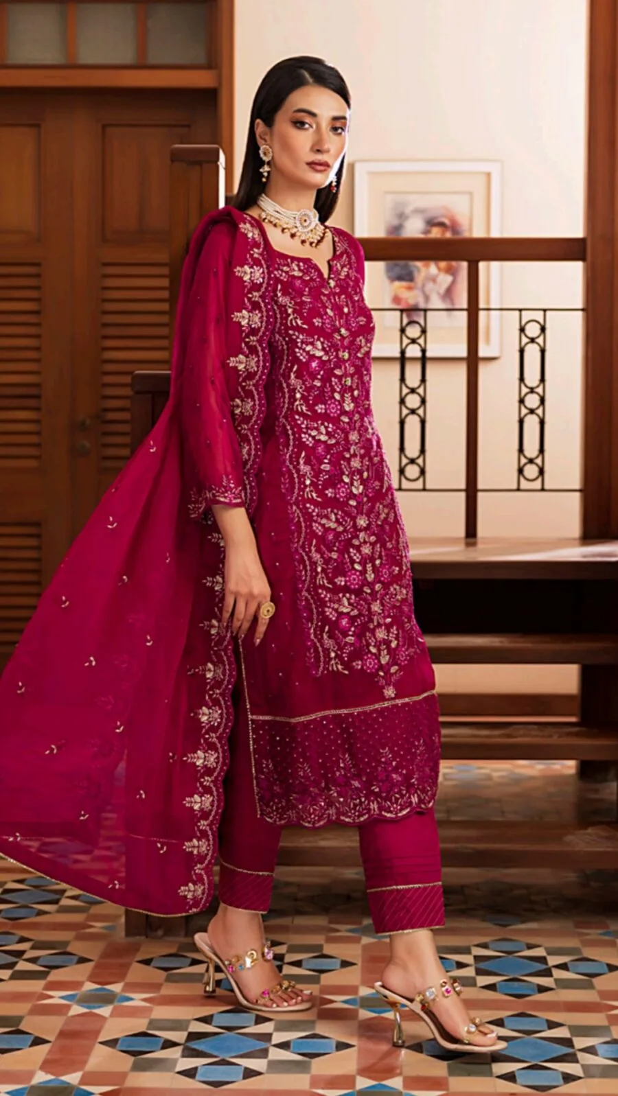 wine red color stitched chiffon pakistani dresses
