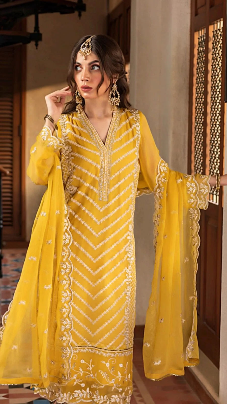 yellow color stitched chiffon pakistani dresses