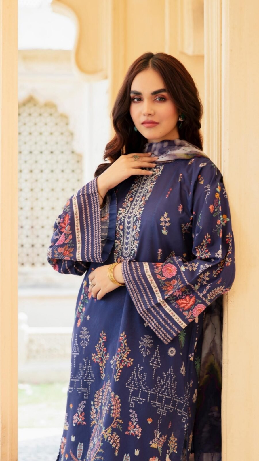 Blue color printed pakistani lawn dresses online