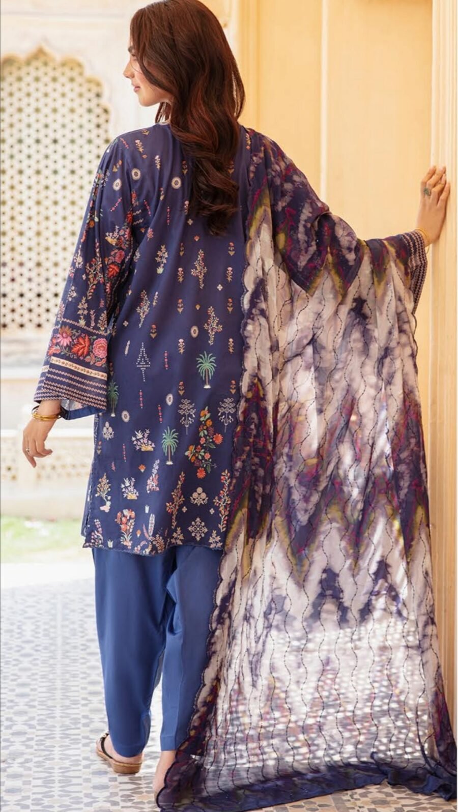 Blue color printed pakistani lawn suits online