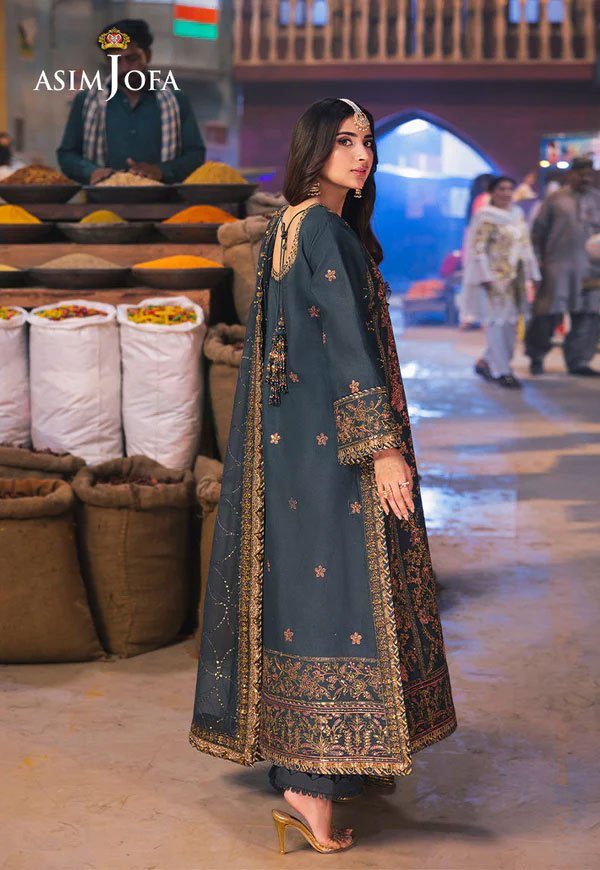 dark grey color embroidered twisted silk pakistani festival suits