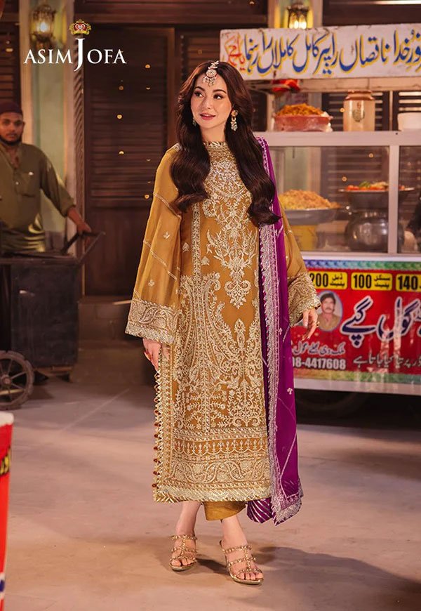 Golden Color Embroidered Chiffon Pakistani Suits