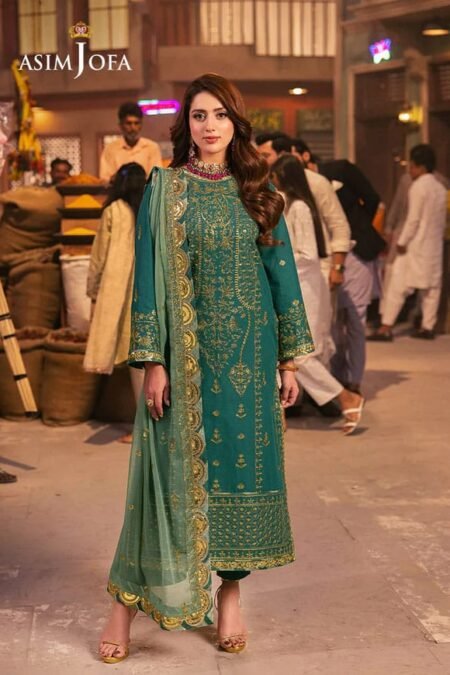Green Color Embroidered Twisted Silk Pakistani Suits
