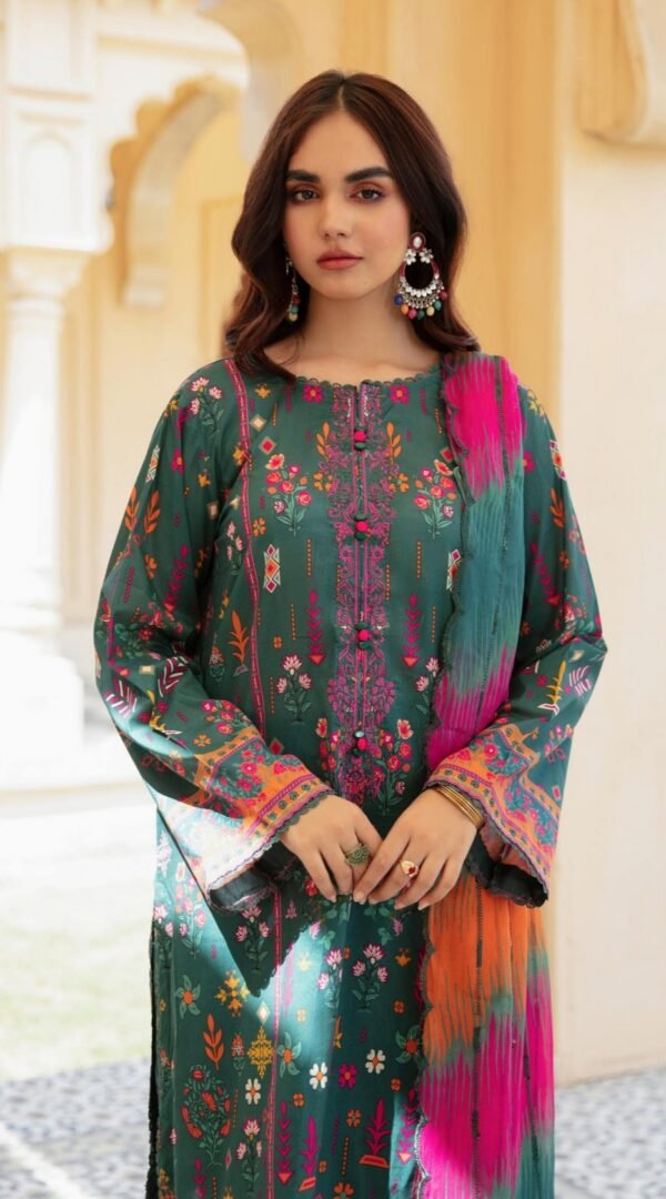 Green color printed luxury lawn suit