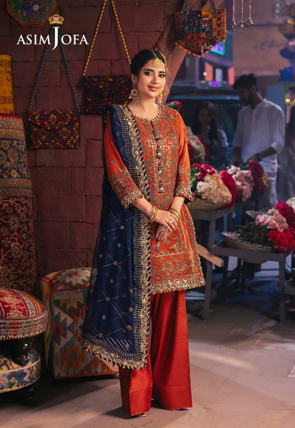 Orange Color Embroidered Chiffon Pakistani Suits