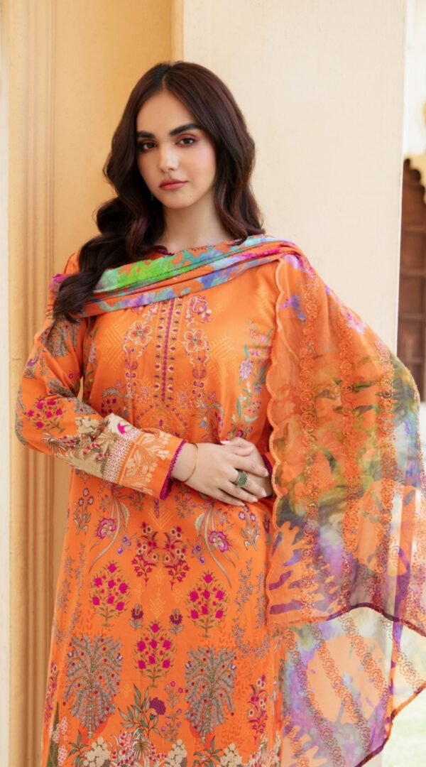 Orange Color Printed Luxury Lawn Dresses Online