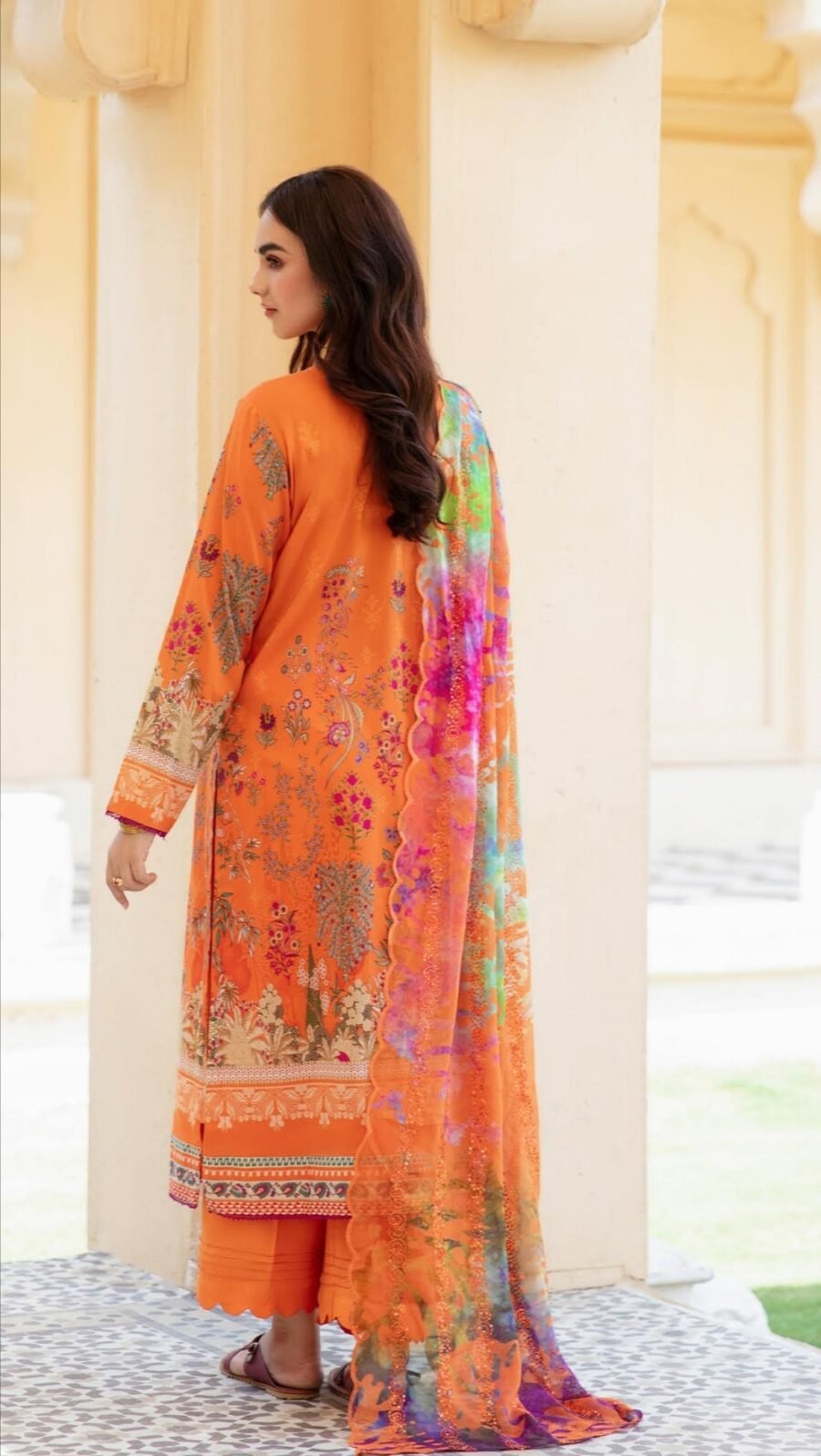 Orange Color Printed Luxury Lawn Salwar Kameez