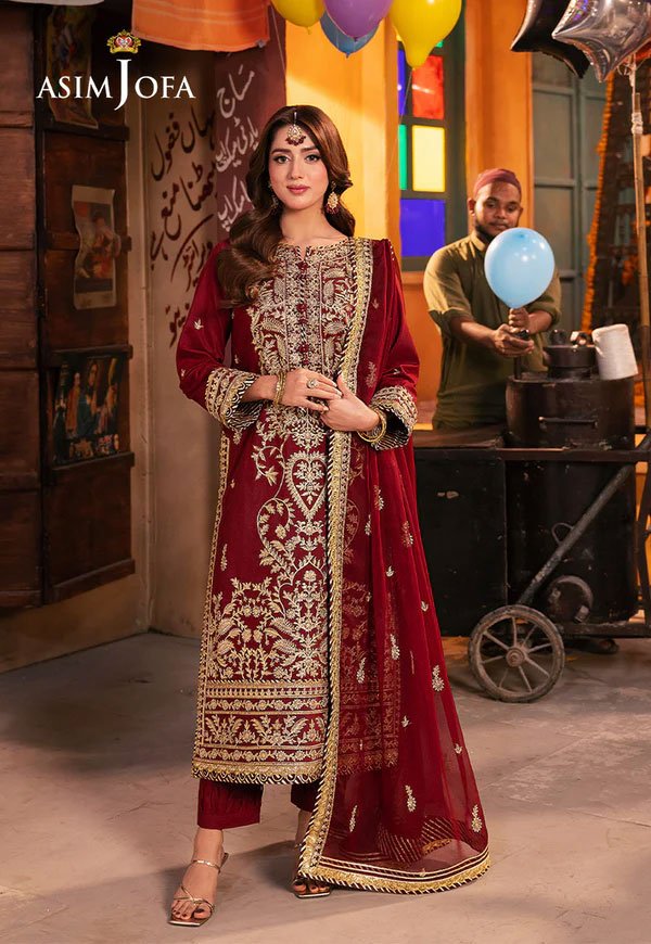 Rust Color Embroidered Twisted Silk Pakistani Suits