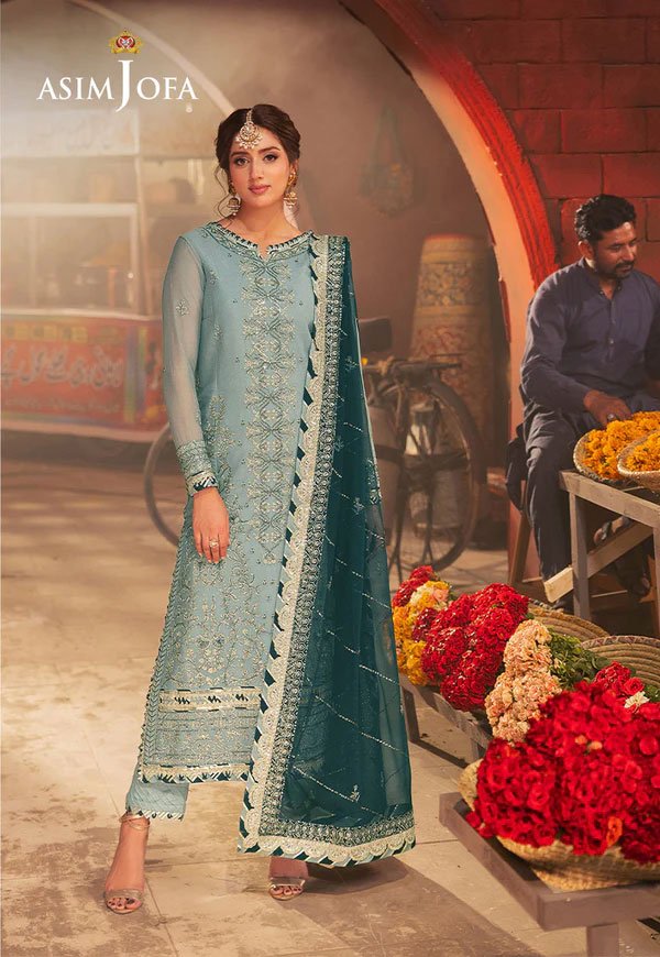 Sea Green Color Embroidered Chiffon Pakistani Suits