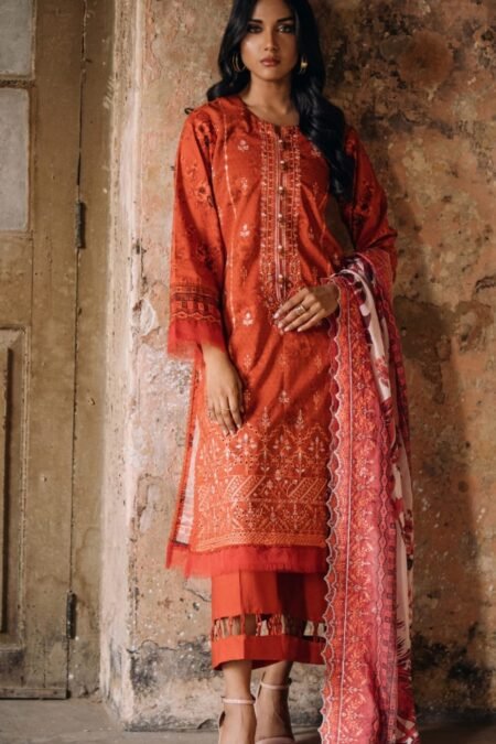 orange color unstitched embroidered pakistani suits