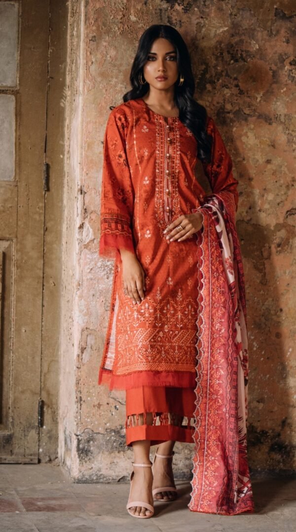 orange color unstitched embroidered pakistani suits