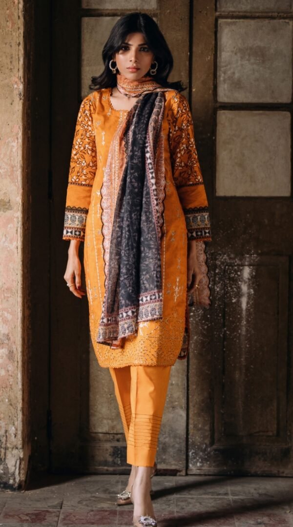 mustard color unstitched embroidered Pakistani Salwar Suits