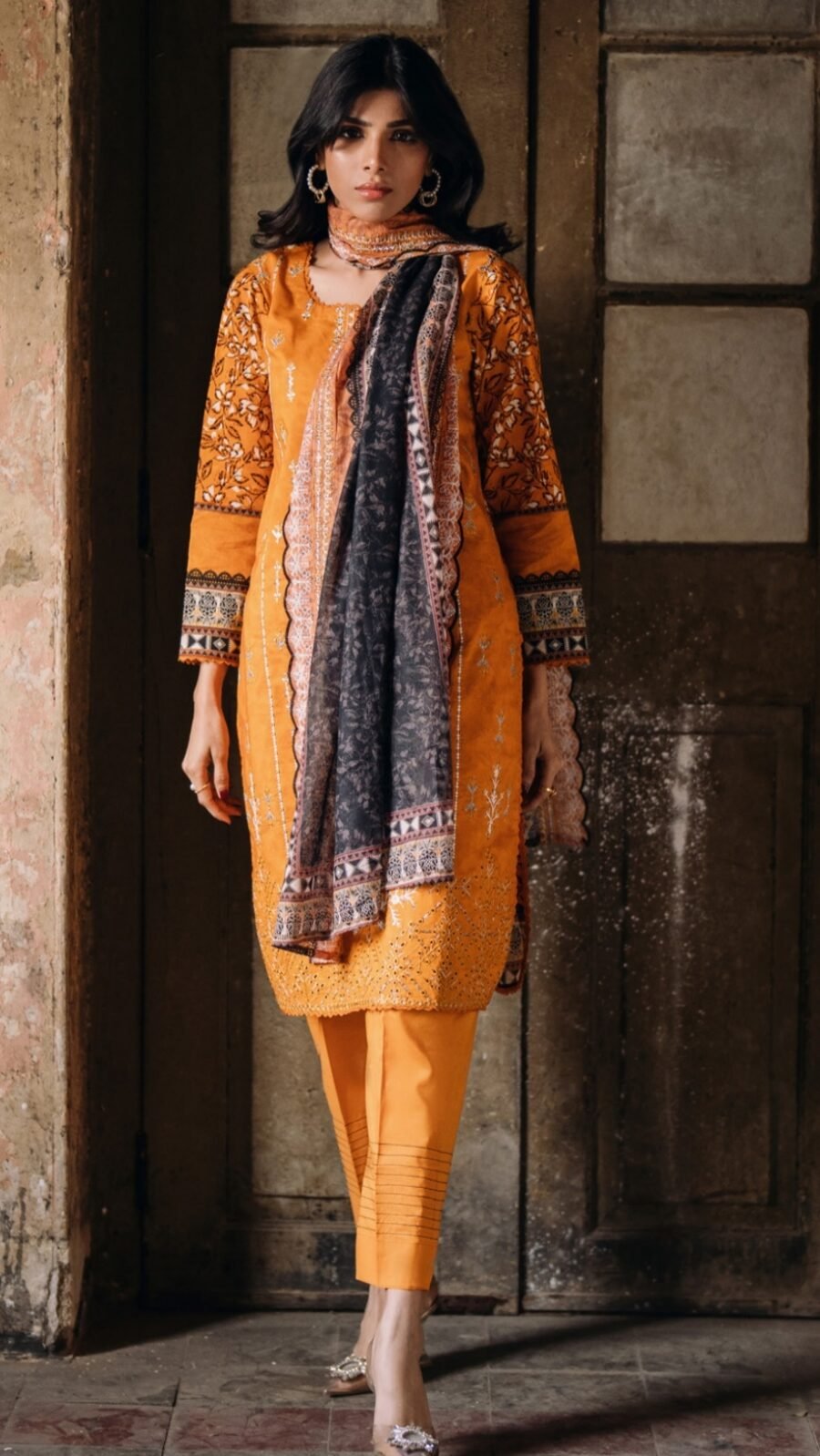 mustard color unstitched embroidered Pakistani Salwar Suits