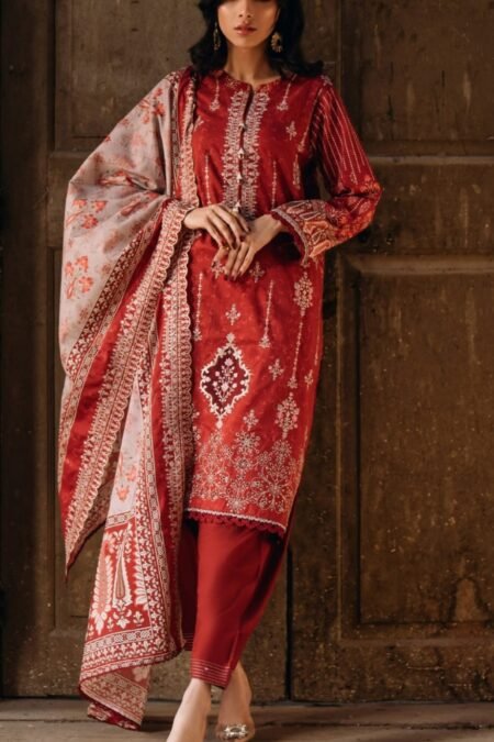 red color unstitched pakistani lawn suits