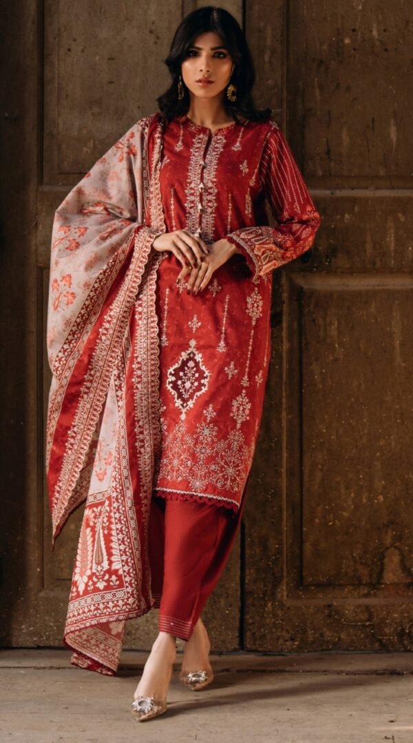 red color unstitched pakistani lawn suits