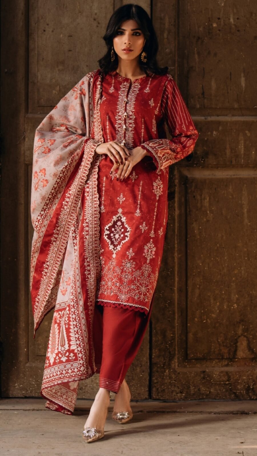 red color unstitched pakistani lawn suits