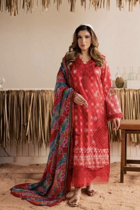 Nureh Red Color Embroidered Printed Lawn - 009