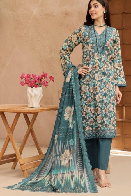 Green Color Embroidered 3 Pcs Lawn Suit - 009