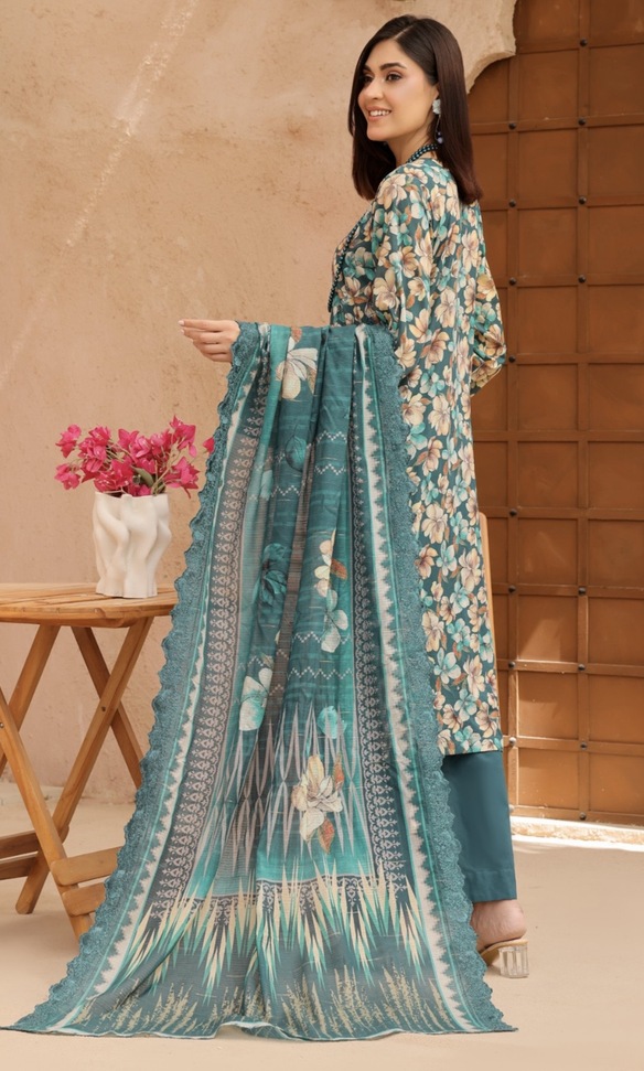 Green Color Embroidered 3 Pcs Lawn Suit - 009