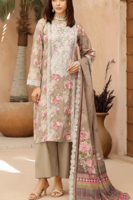 Light Brown Color Embroidered 3 Pcs Lawn Suit - 007