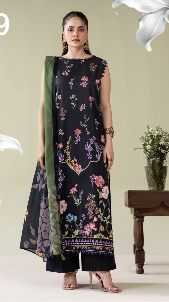 3-Pieces Unstitched Black Salwar Suit with Dupatta - SS007