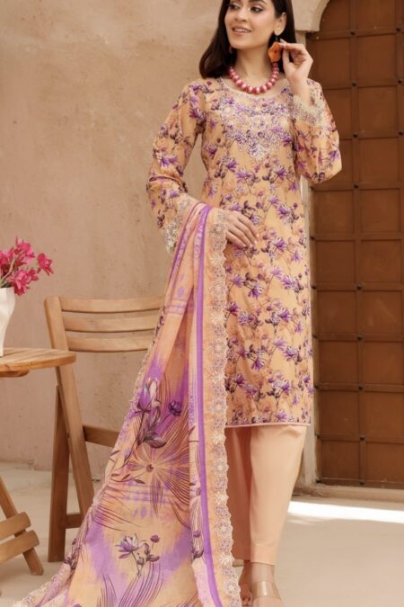 Dark Peach & Purple Color Embroidered 3 Pcs Suit - 003