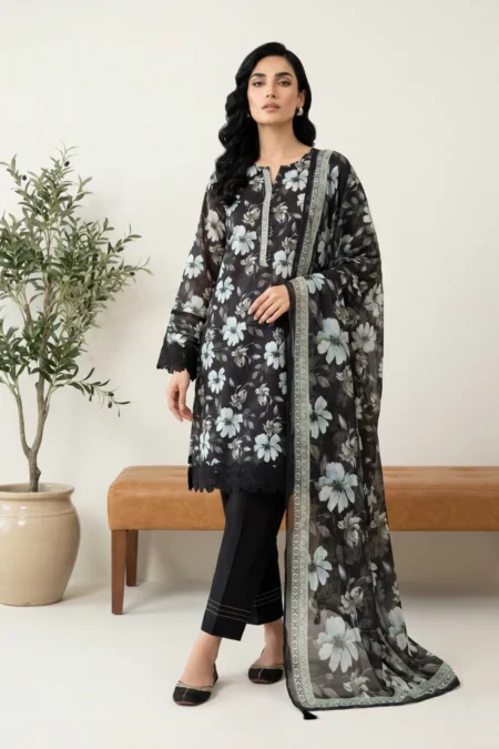 Elegant Black Base White Pattern Lawn Suit