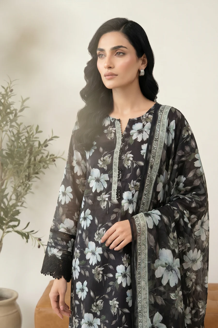 Minimalist White Lawn Suit with Black Prints - LK005 - Image 2