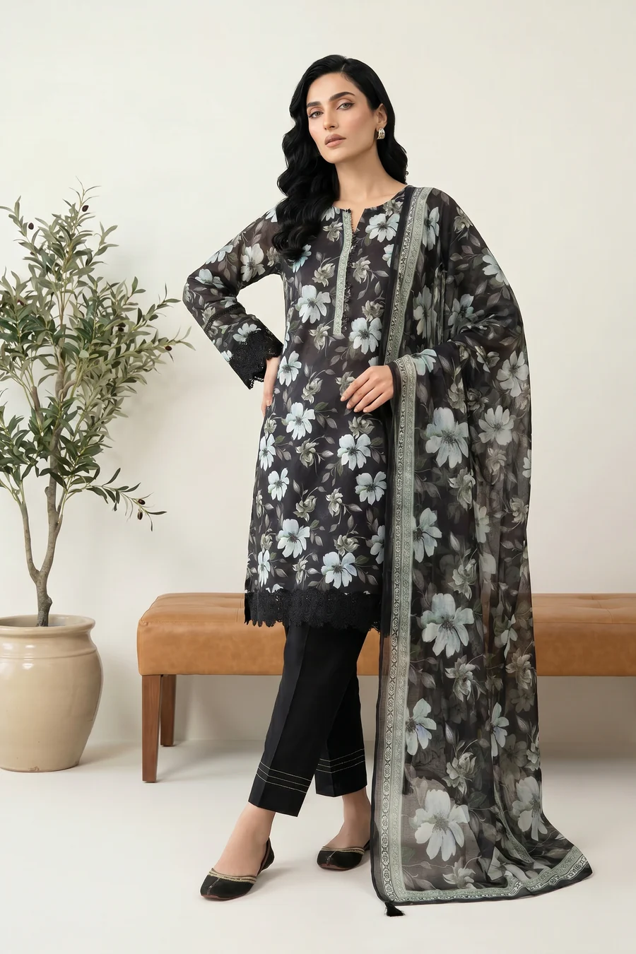 Minimalist White Lawn Suit with Black Prints - LK005 - Image 3