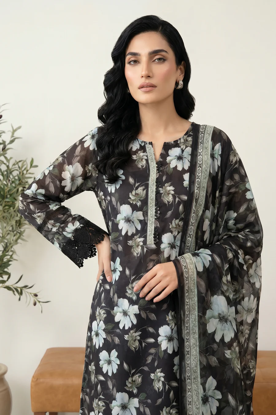 Minimalist White Lawn Suit with Black Prints - LK005 - Image 4