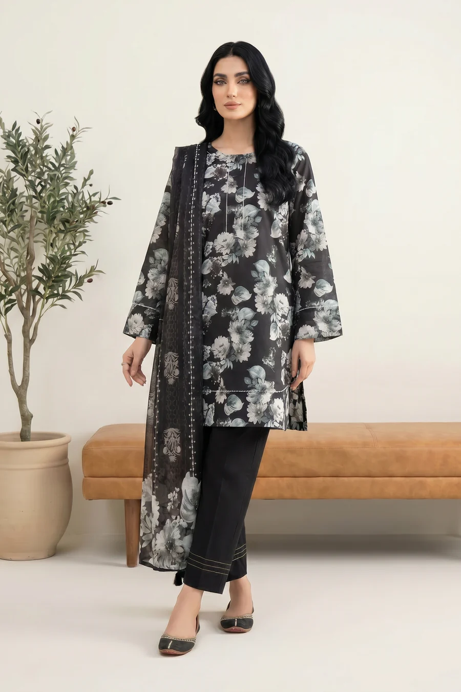 Floral Print Black & White Lawn Suit