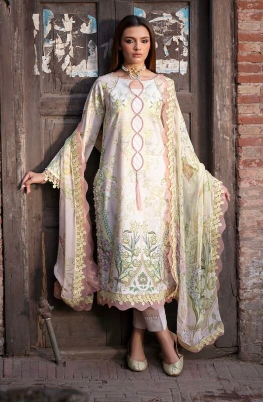 Floral Pakistani lawn suit with chiffon dupatta