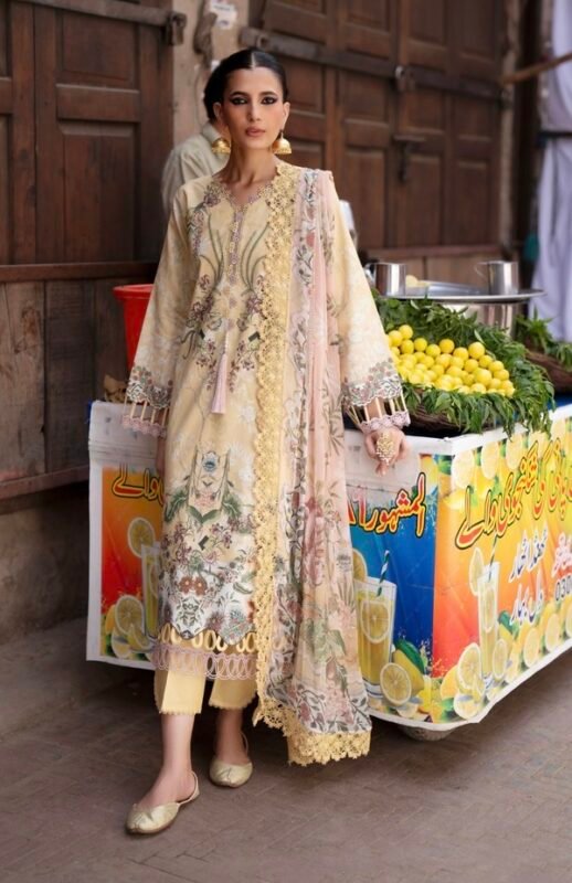 yellow embroidered lawn suit